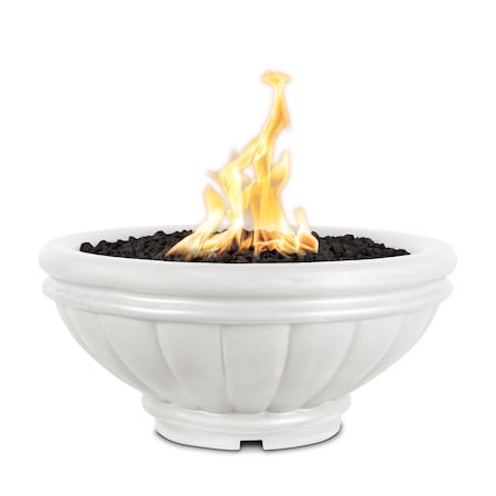 The Outdoor Plus 24 Round Roma Fire Bowl - GFRC Concrete - White - Low Voltage Electronic Ignition - Liquid Propane OPT-ROMFO24E12V-LIM-LP